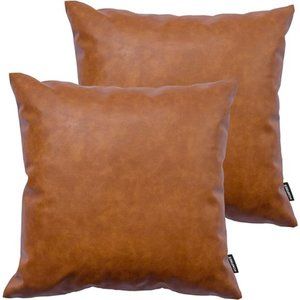 Faux Leather Throw Pillow Covers,18 x 18 inch Set of 2 Thick Cognac Brown Modern